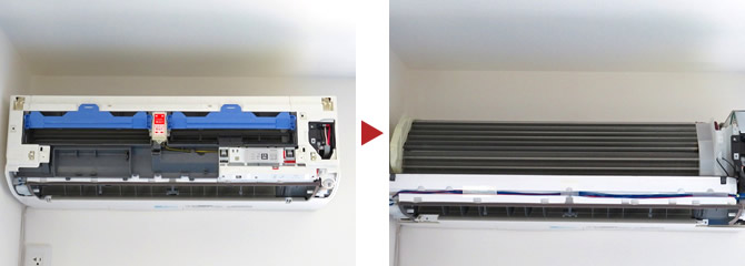 三菱霧ヶ峰のお掃除機能付きエアコンのクリーニング例