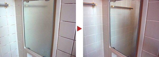 浴室鏡クリーニング、施工前後写真